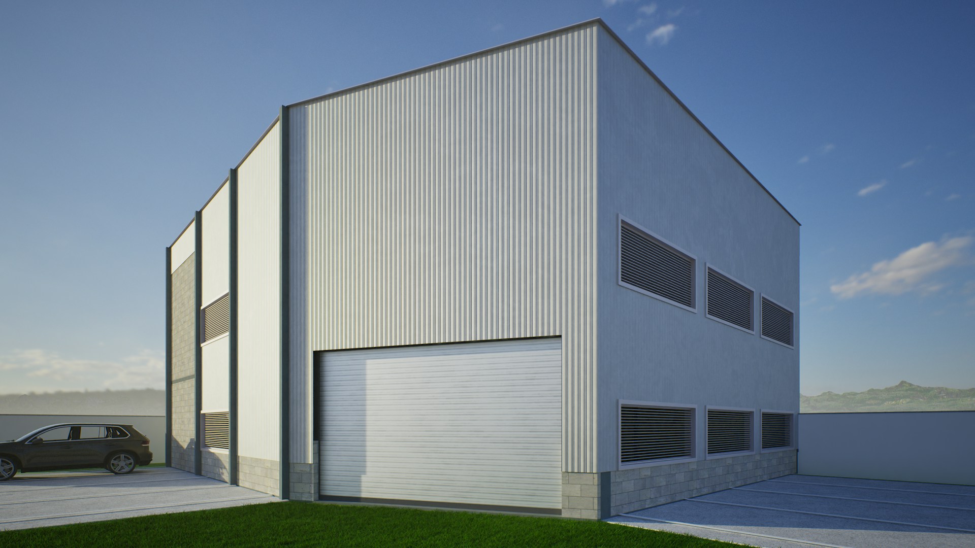 Bâtiment industriel moderne avec une grande porte de garage.